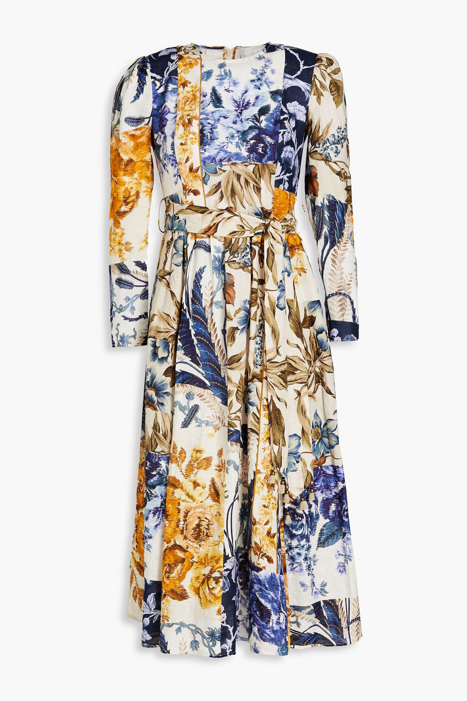 Zimmermann Gathered Floral-print Linen Midi Dress In Blue