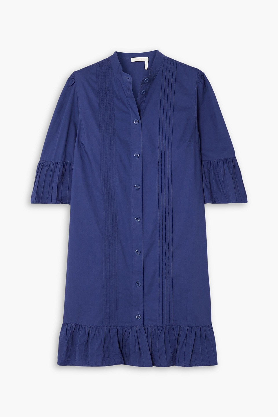 See By Chloé Ruffled Pintucked Cotton-poplin Mini Dress In Indigo