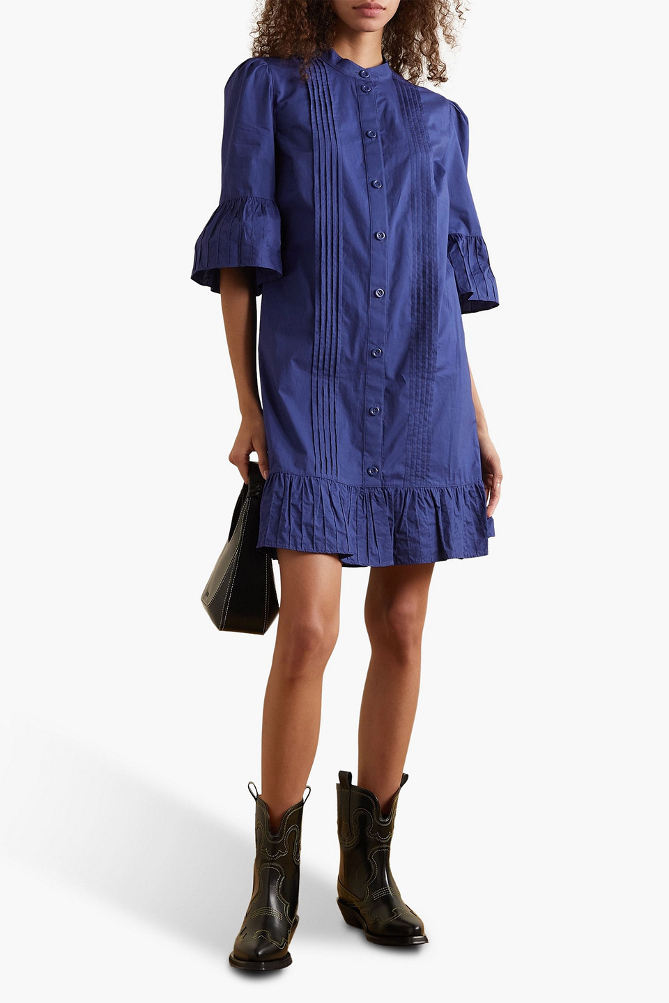 Shop See By Chloé Ruffled Pintucked Cotton-poplin Mini Dress In Indigo