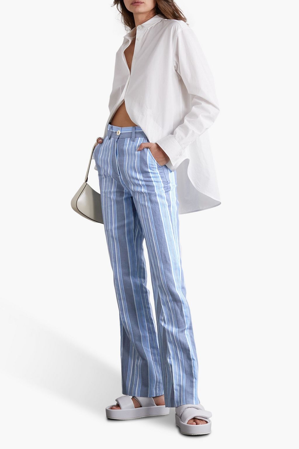 SEE BY CHLOÉ بنطال بأرجل مستقيمة مصنوع من مزيج الكتان والقطن بتصميم مخطط