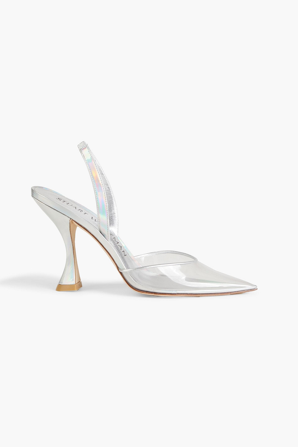 Stuart Weitzman Stuart Xcurve 100 Iridescent Patent-leather And Pvc Slingback Pumps In Silver