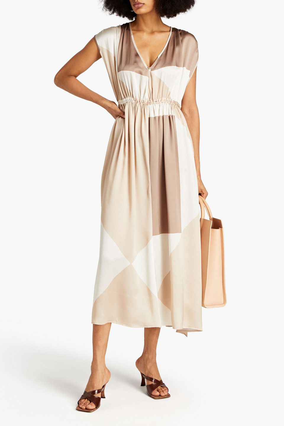 Shop Envelope 1976 Venezia Gathered Color-block Silk-satin Midi Dress In Cream