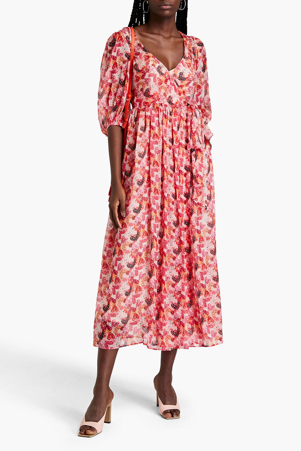 Red Valentino Gathered Printed Silk-voile Midi Wrap Dress In Pastel Pink