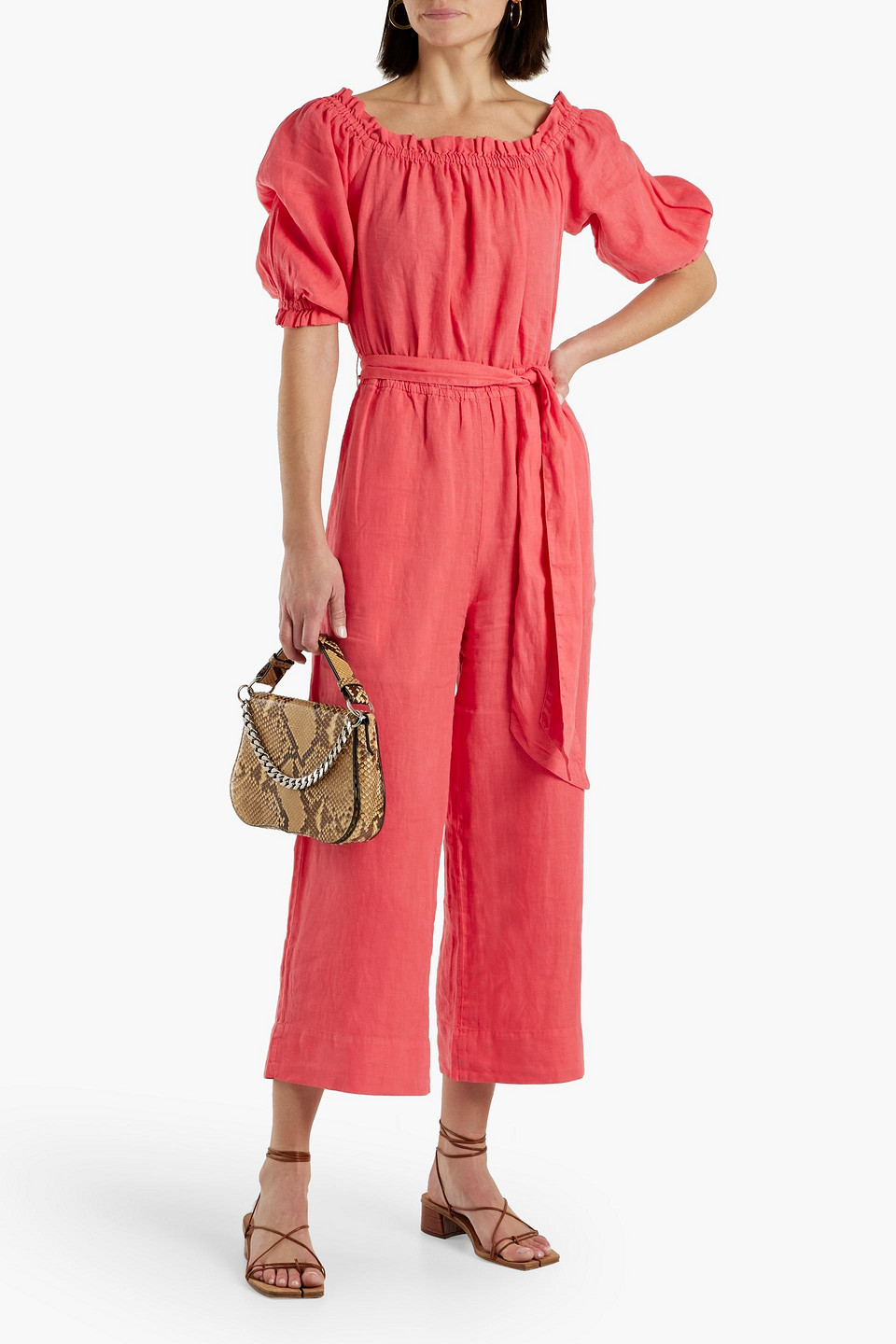 Shop Joie Josepha Cropped Linen Wide-leg Jumpsuit In Coral