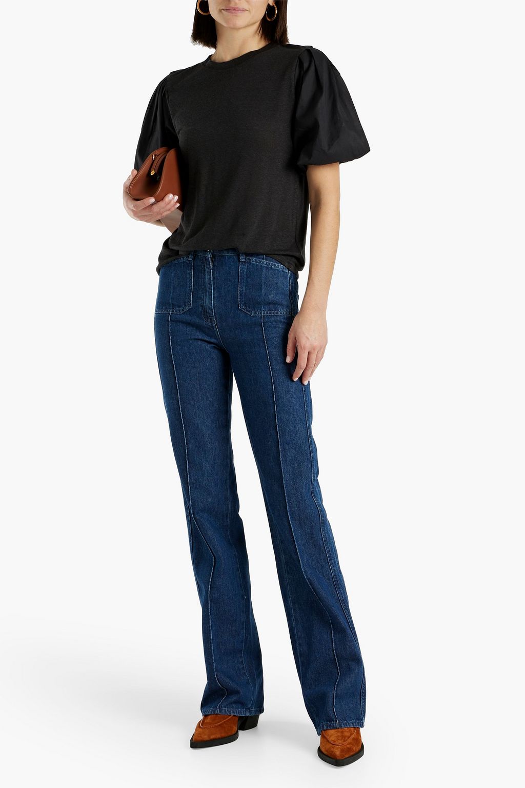 JOIE Libby poplin-paneled linen-blend jersey top