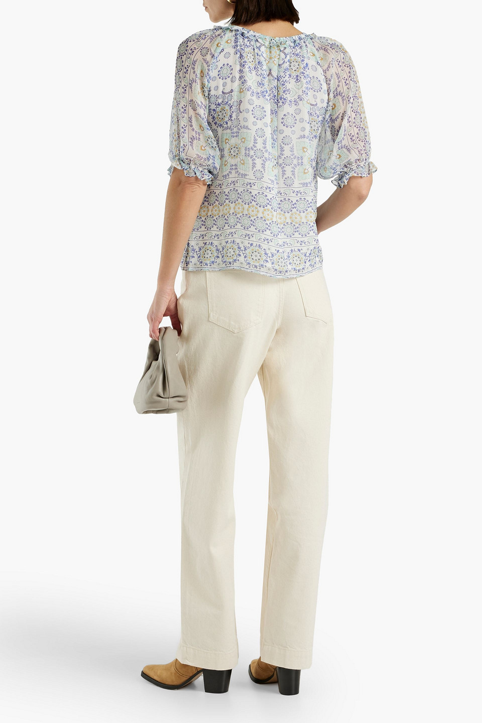 Shop Joie Moneta Gathered Printed Silk-georgette Blouse In Blue