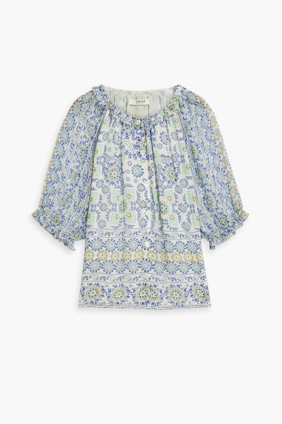 Joie Moneta Gathered Printed Silk-georgette Blouse In Blue