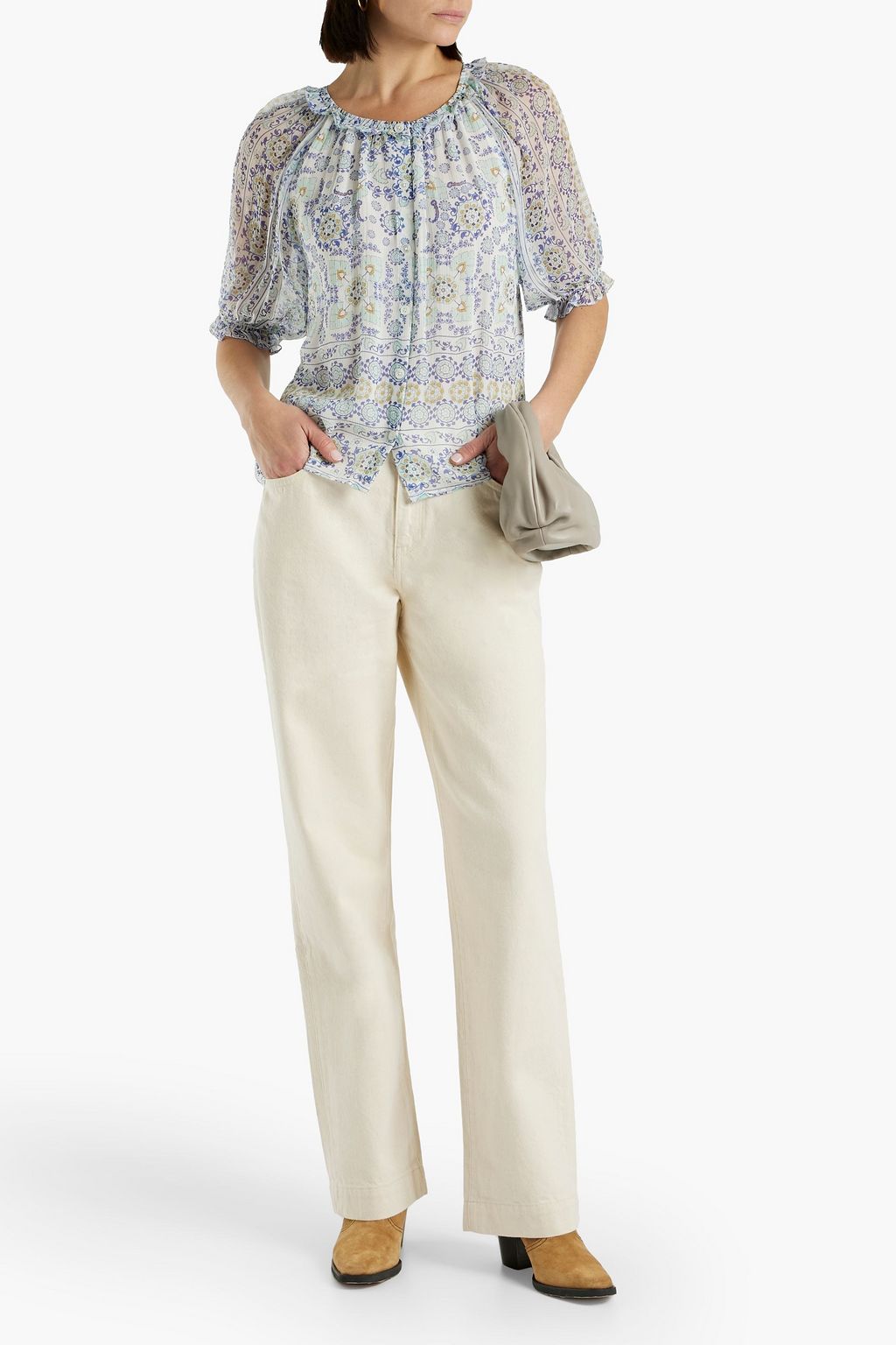 JOIE Moneta gathered printed silk-georgette blouse