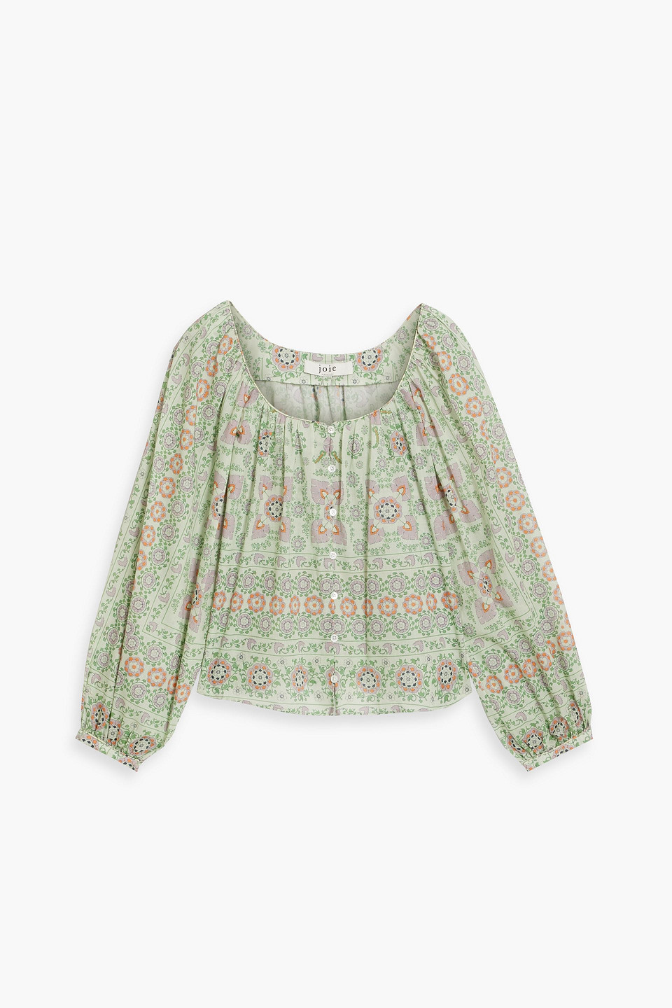 Shop Joie Damarre Gathered Printed Cotton Top In Grey Green