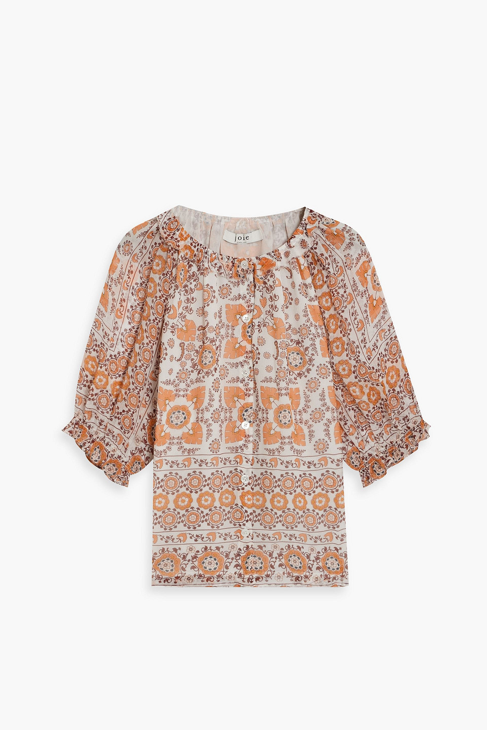 Joie Damarre Gathered Printed Silk-georgette Top In Pastel Orange