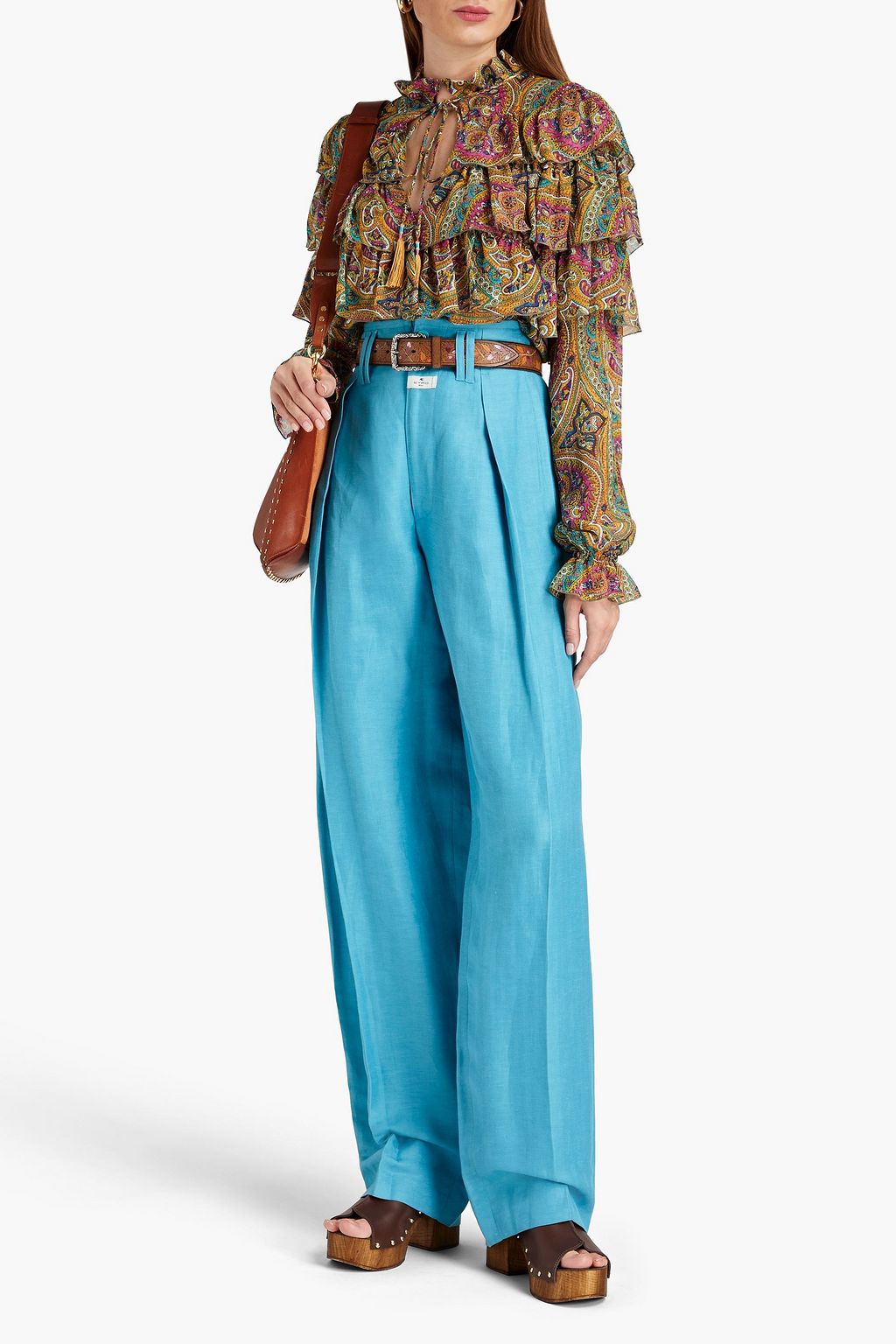 ETRO Pleated linen and silk-blend jacquard tapered pants