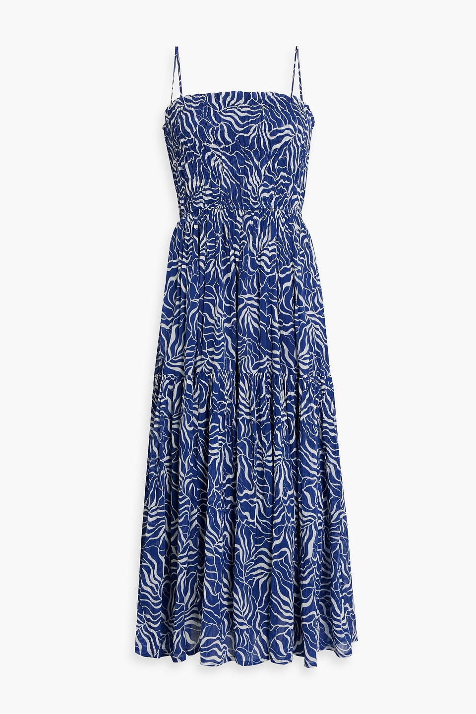 Joie Lesse Shirred Printed Cotton-voile Midi Dress In Cobalt Blue