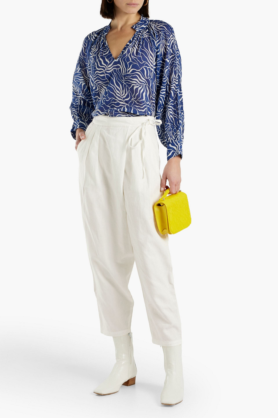 Shop Joie Wilmont Cropped Pleated Cotton And Linen-blend Tapered Pants In Ivory