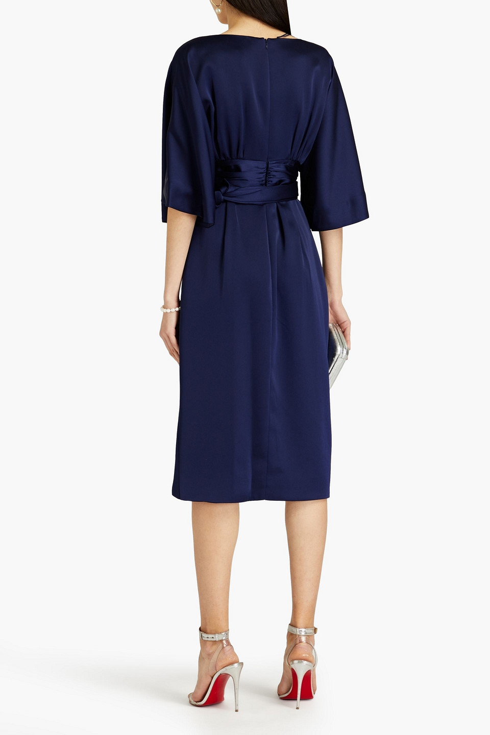 Theia Wrap-effect Ruched Stretch-satin Dress In Indigo