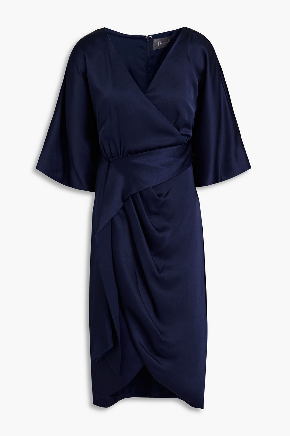 Theia Wrap-effect Ruched Stretch-satin Dress In Indigo