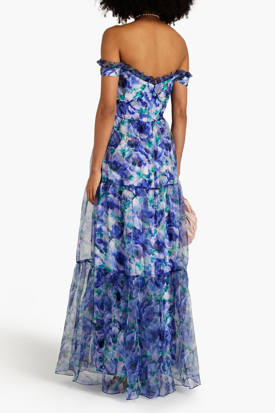 Shop Theia Off-the-shoulder Floral-print Crinkled Organza Gown In Indigo