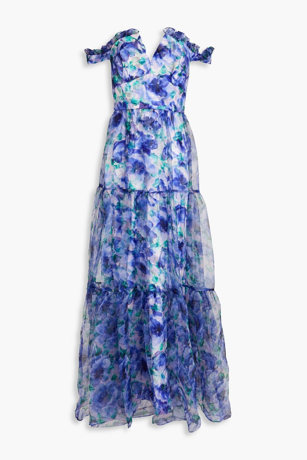 Off the shoulder floral print crinkled organza gown indigo US 6