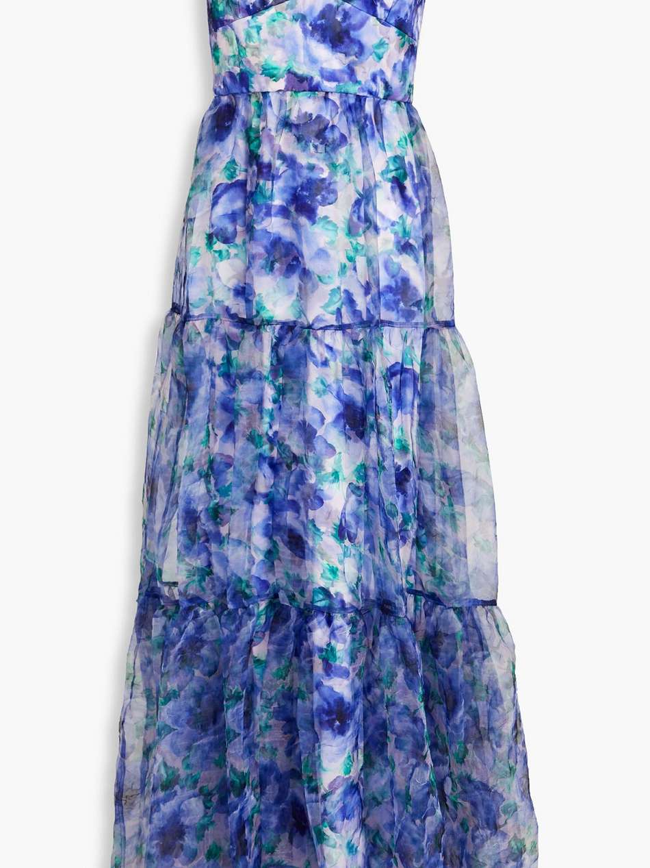 off-the-shoulder floral-print crinkled organza gown