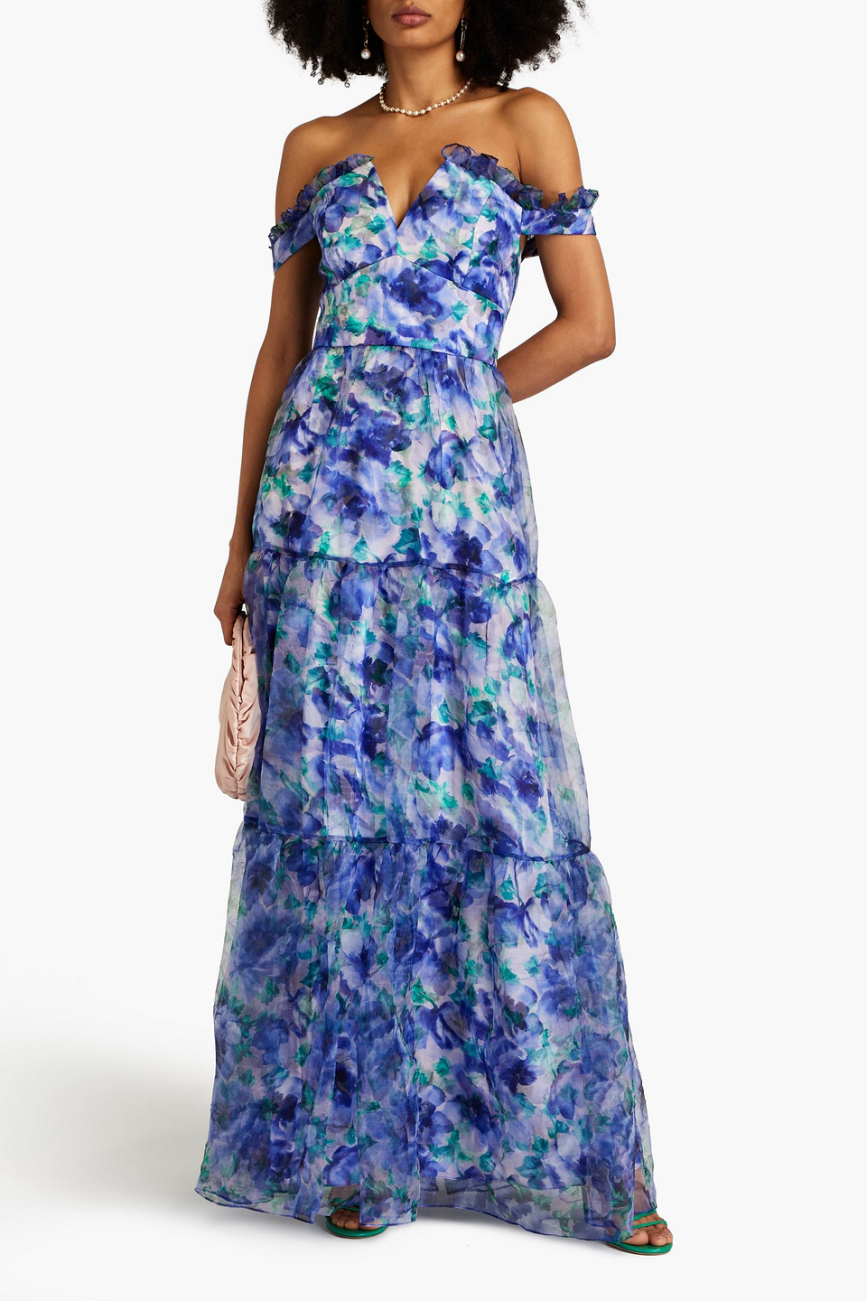 Shop Theia Off-the-shoulder Floral-print Crinkled Organza Gown In Indigo