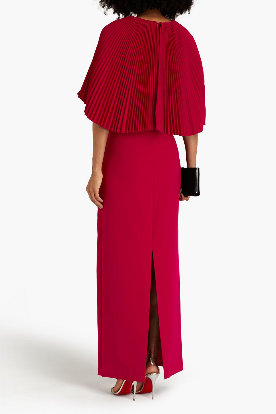 Shop Theia Cape-effect Embellished Crepe Gown In Crimson