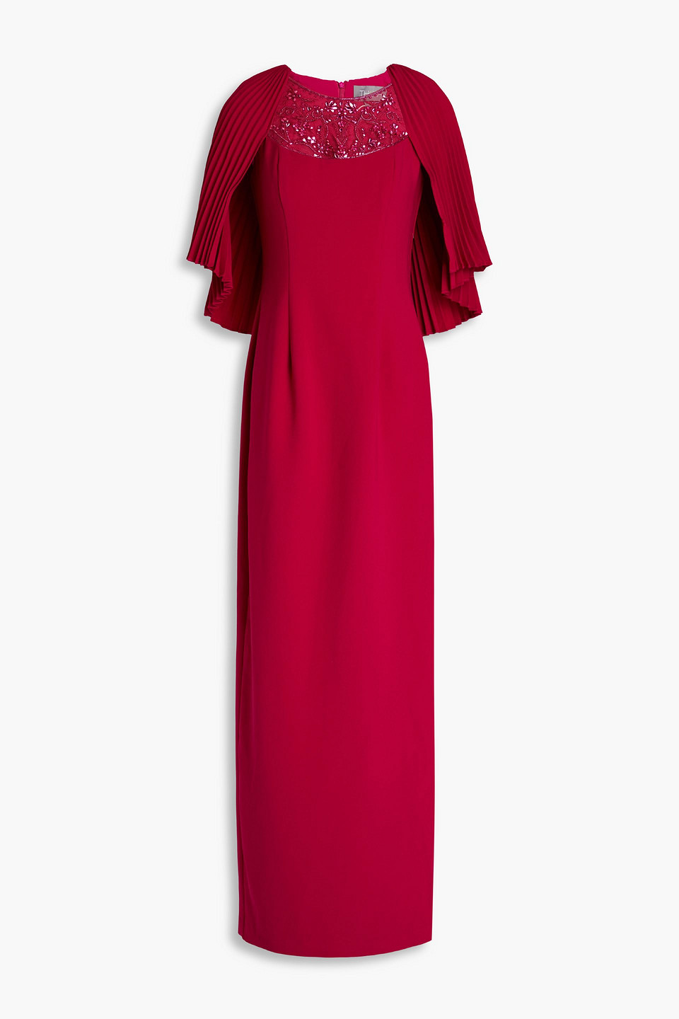 Shop Theia Cape-effect Embellished Crepe Gown In Crimson