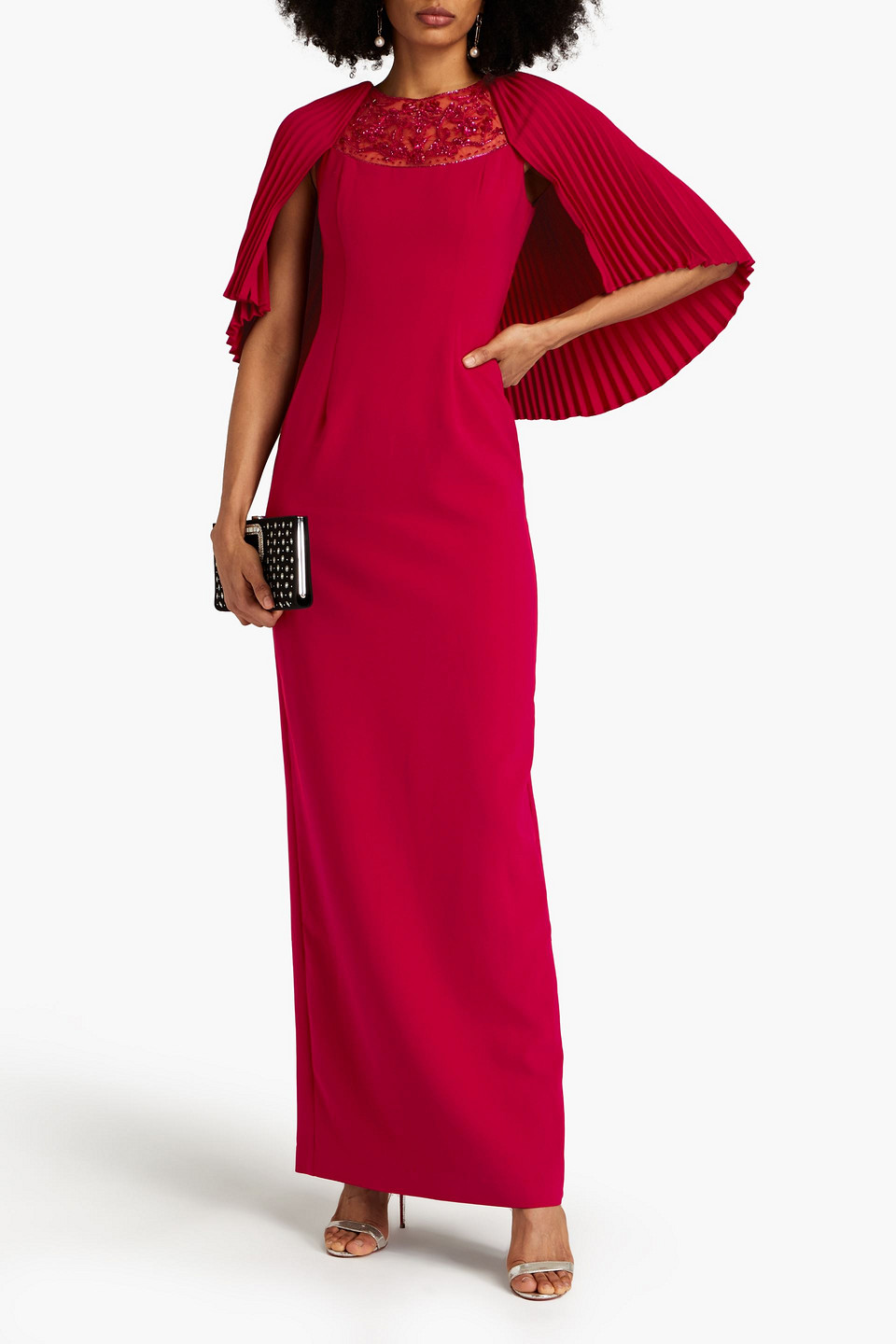 Shop Theia Cape-effect Embellished Crepe Gown In Crimson