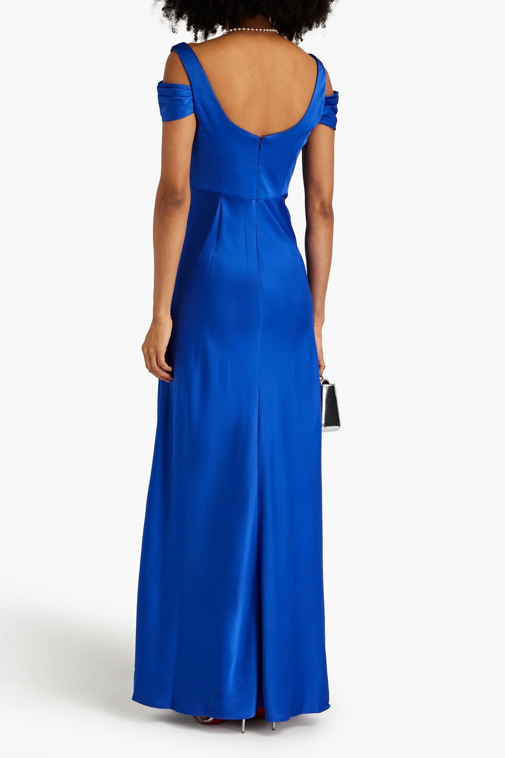 THEIA Cold-shoulder draped satin-crepe gown