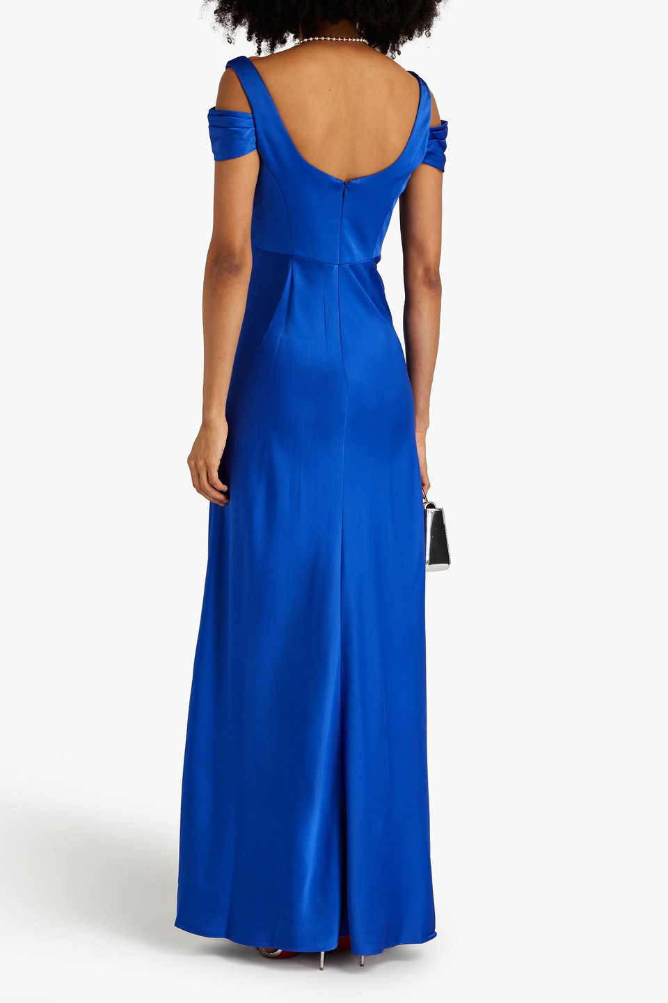 Cold shoulder Draped Satin crepe Gown In Bright Blue