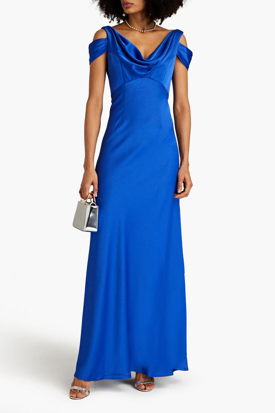 Shop Theia Lina Cold-shoulder Draped Satin-crepe Gown In Bright Blue