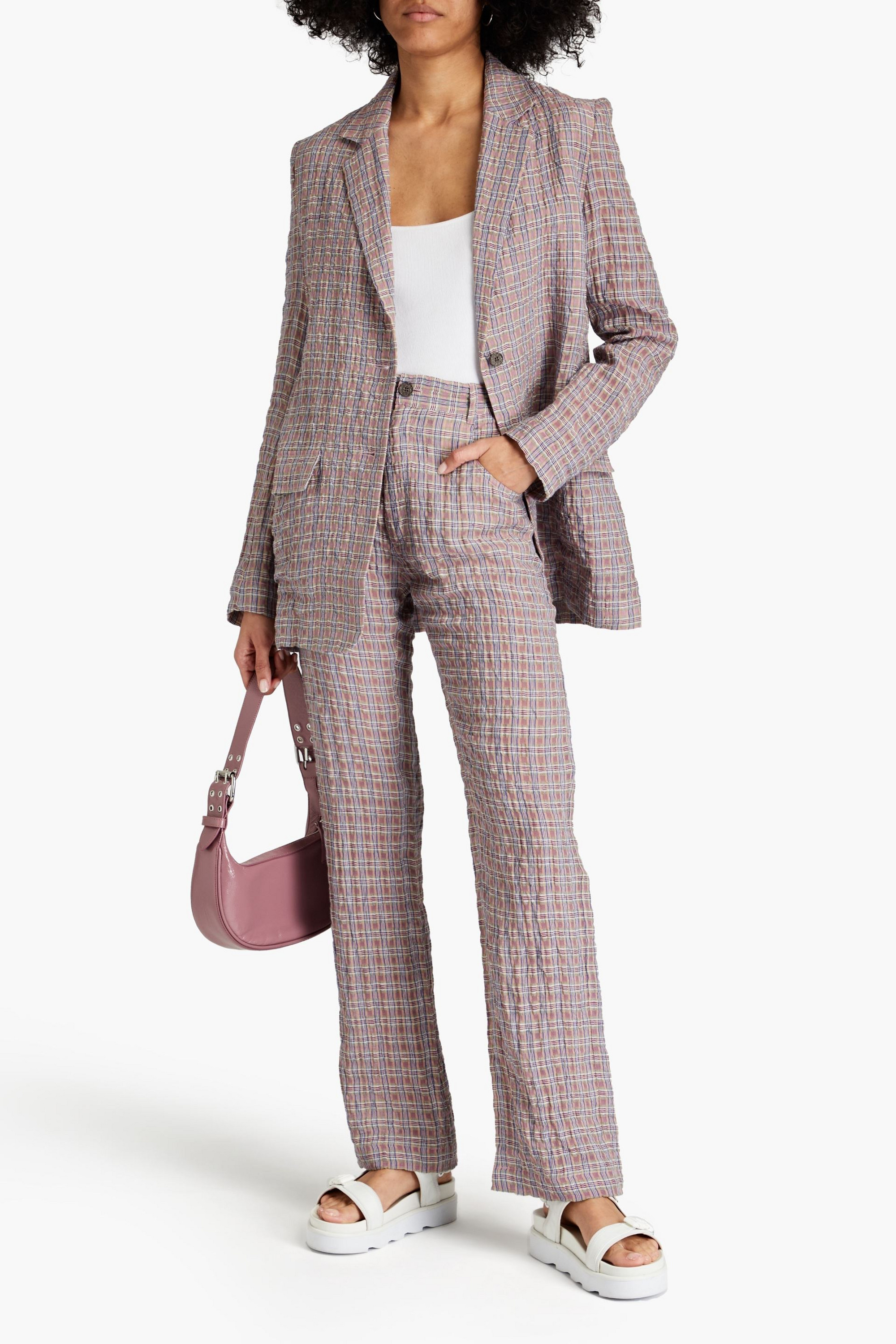 MCQ ALEXANDER MCQUEEN Gingham crinkled linen and cotton-blend straight-leg pants