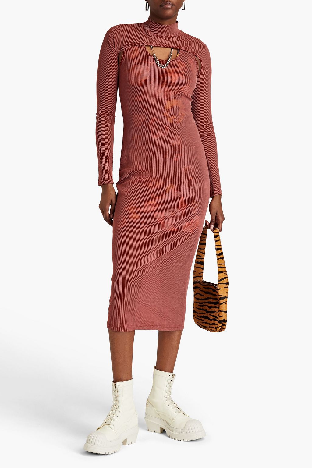 MCQ ALEXANDER MCQUEEN فستان متوسط الطول من الشبك المرن وقماش سكوبا بتصميم من عدة طبقات مزين بطبعات