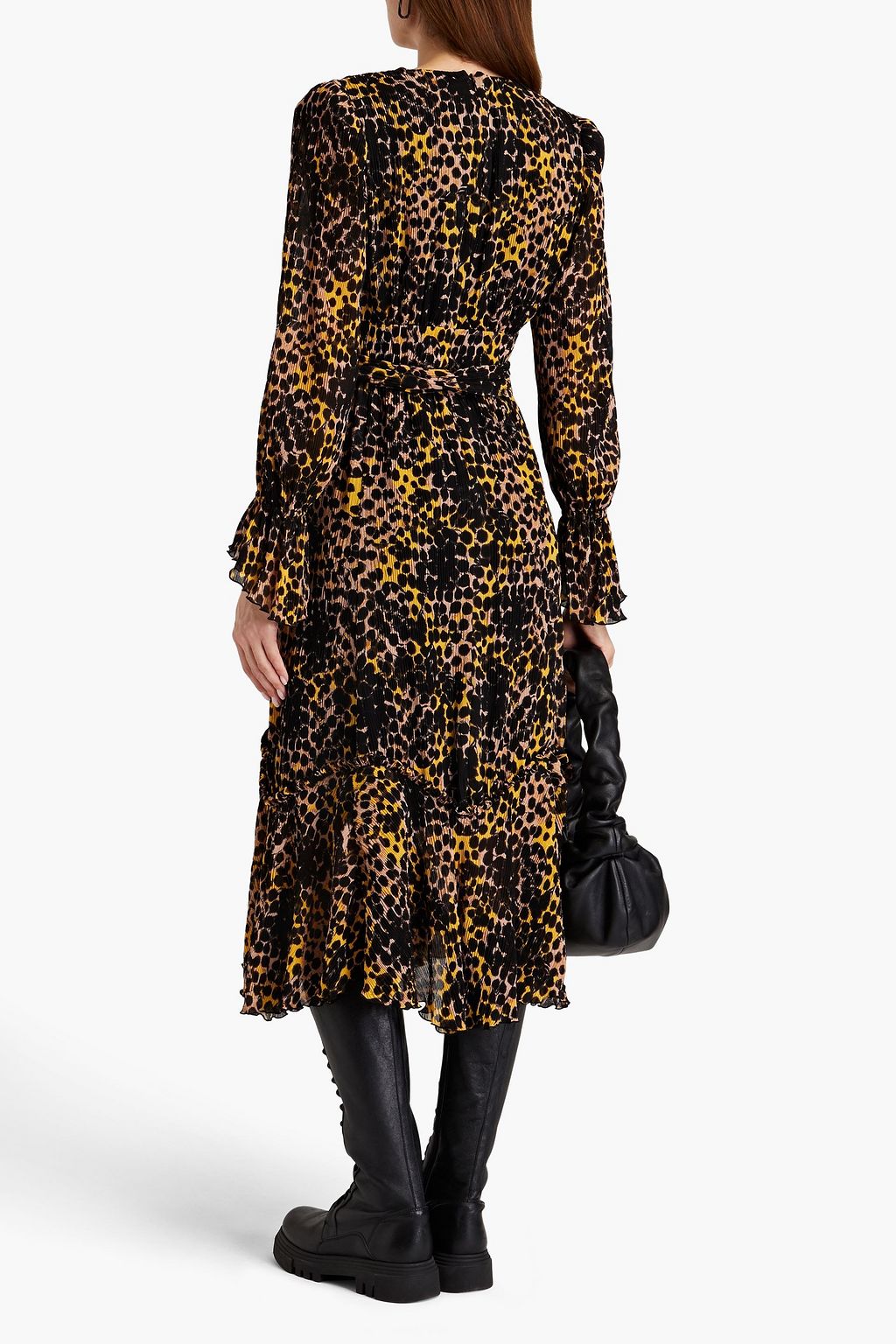 DIANE VON FURSTENBERG فستان «شازيا» متوسط الطول على شكل قميص من الكريب المزين بتجعيدات رفيعة وبطبعات وبتصميم مكشكش