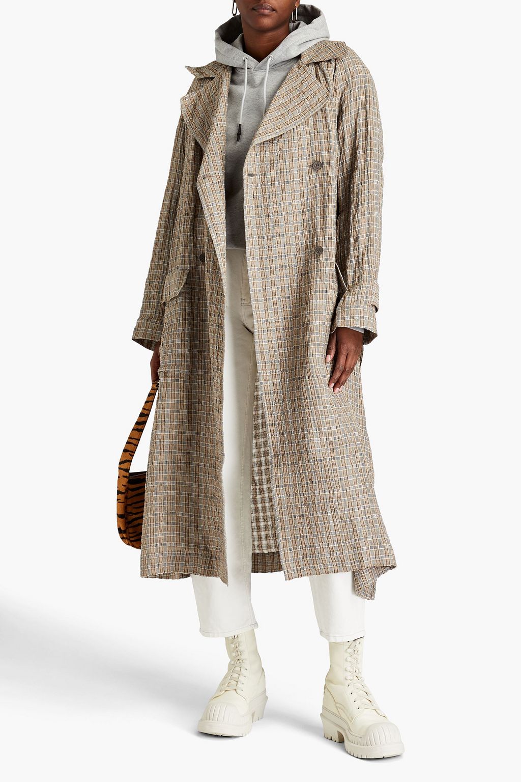 MCQ ALEXANDER MCQUEEN 깅엄 크링클 리넨 코튼 혼방 거즈 트렌치 코트