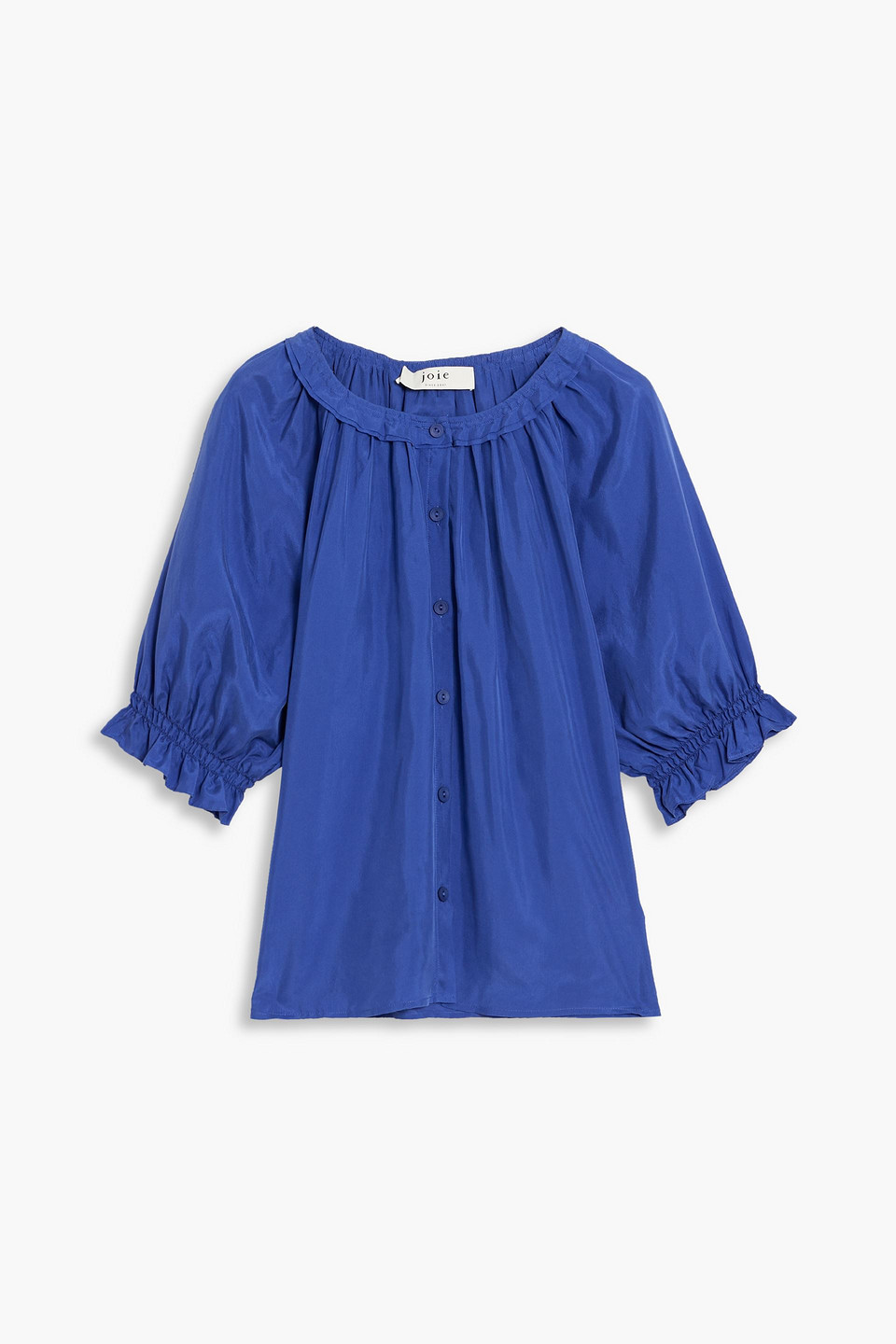 Joie Moneta Gathered Washed-silk Blouse In Cobalt Blue