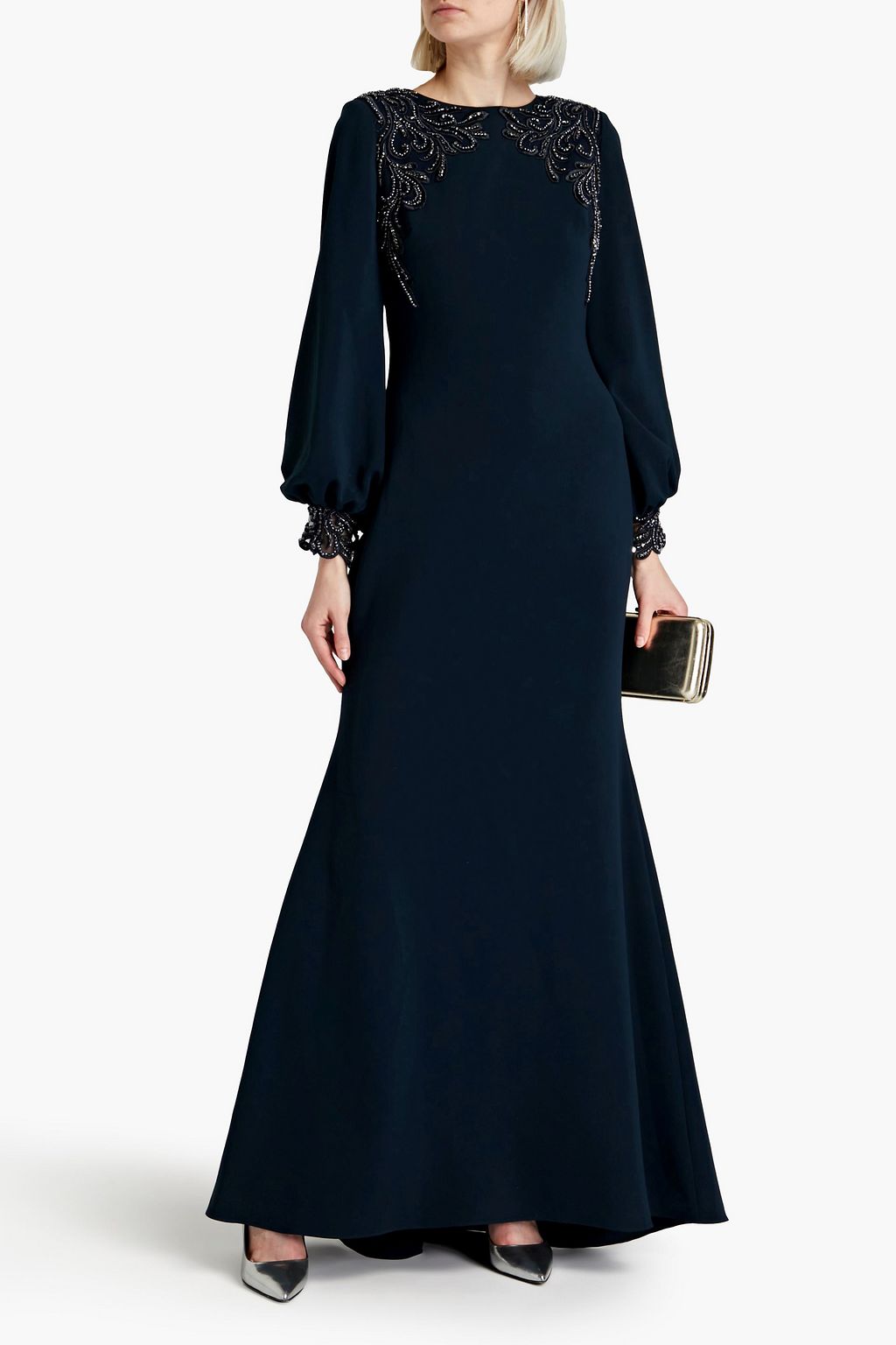 BADGLEY MISCHKA Embellished embroidered crepe gown