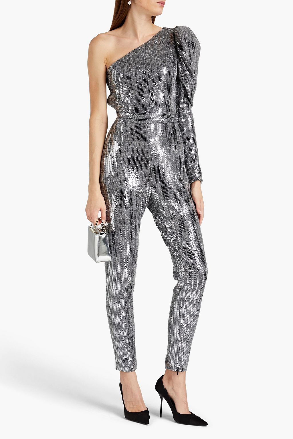 SEMSEM One-sleeve sequined metallic stretch-jersey jumpsuit