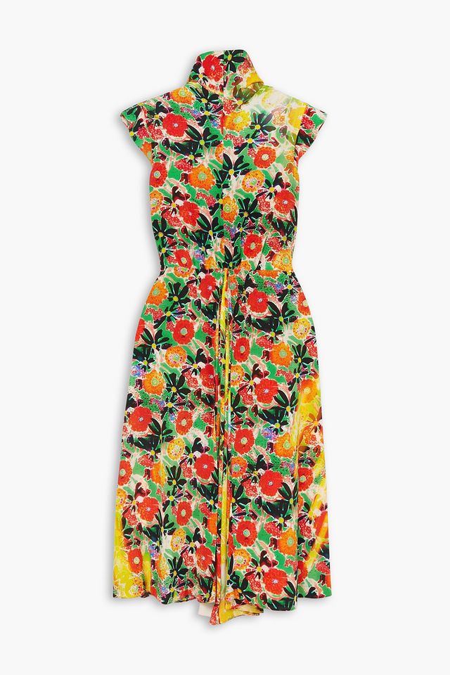 Pleated floral-print silk-crepe midi dress