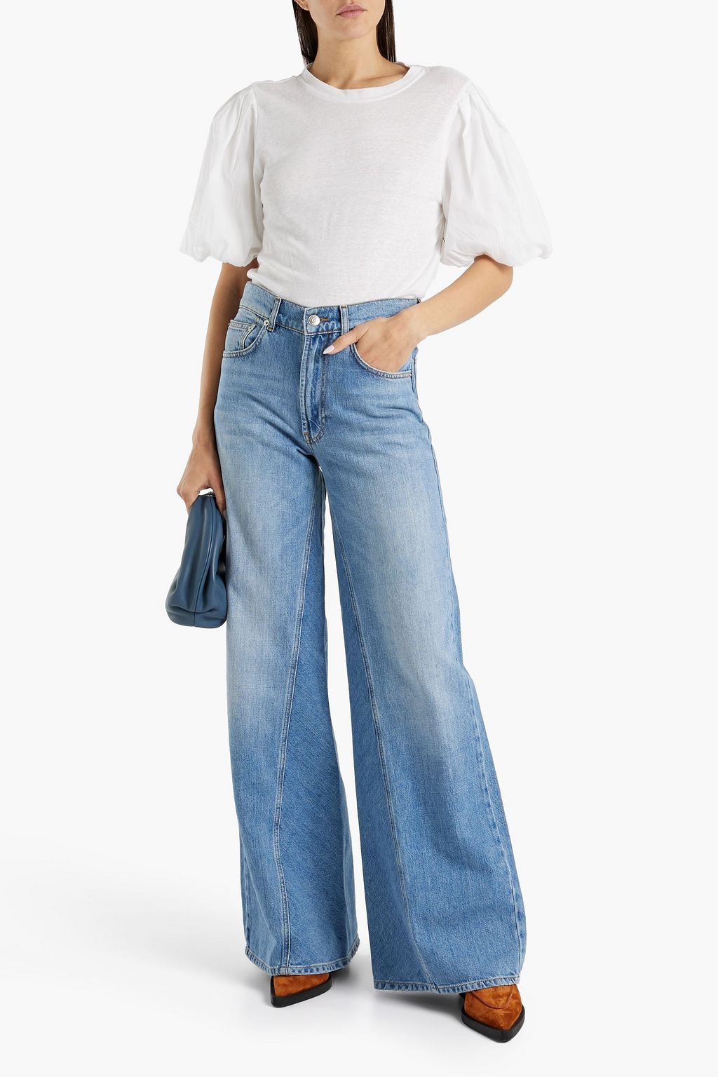 JOIE Libby poplin-paneled linen-blend jersey top