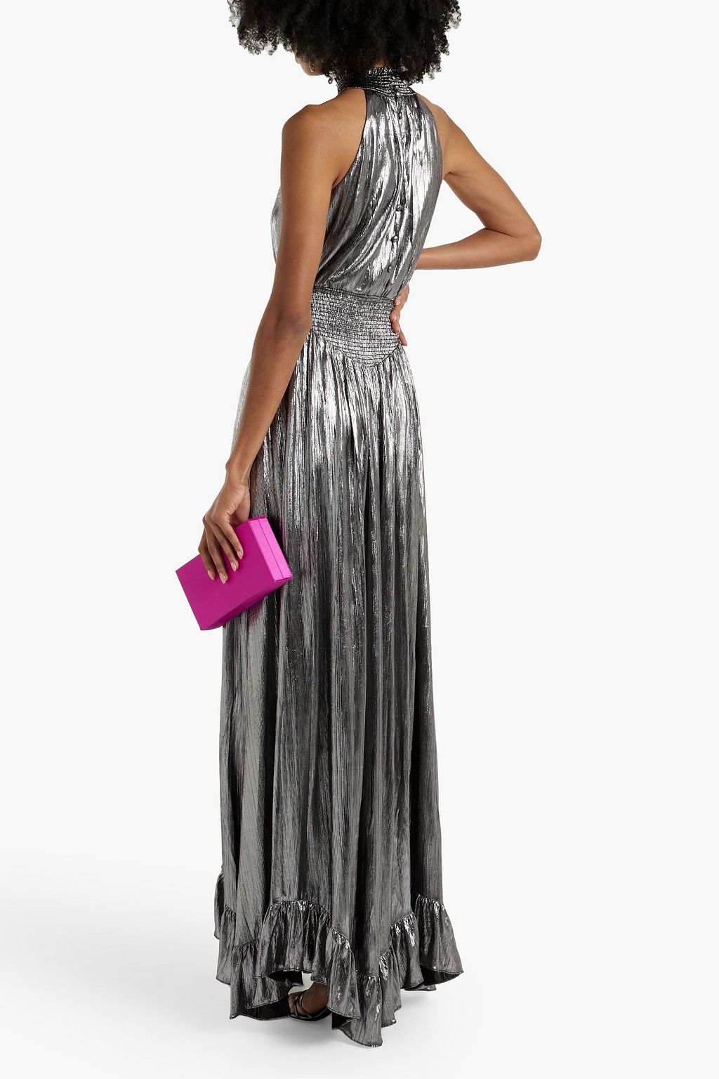 RETROFÊTE Carly cutout shirred metallic jersey gown