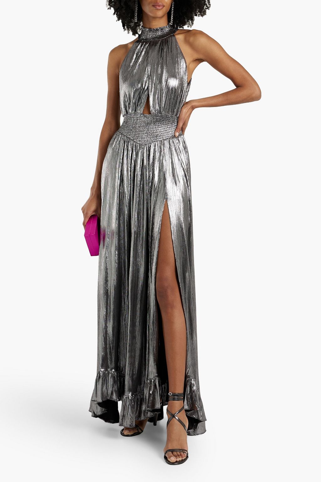 RETROFÊTE Carly cutout shirred metallic jersey gown