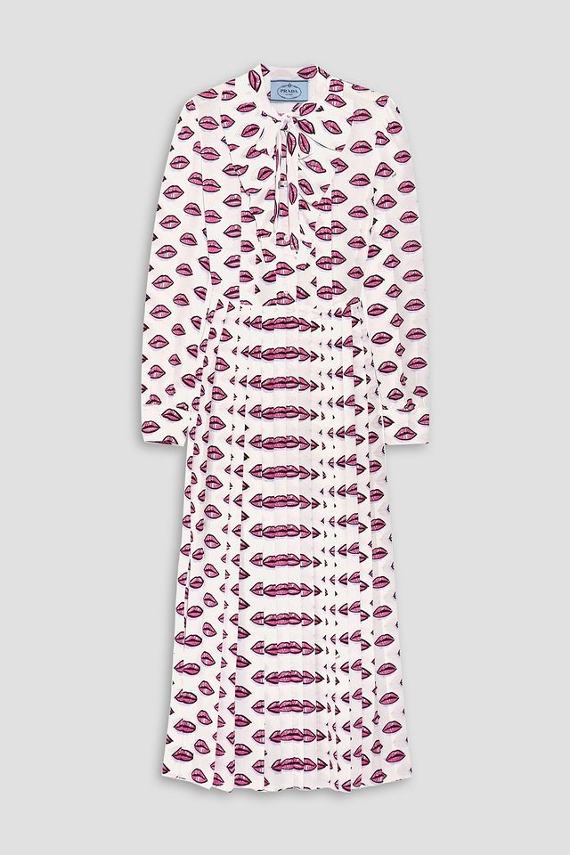 Pussy-bow pleated printed crepe midi dress