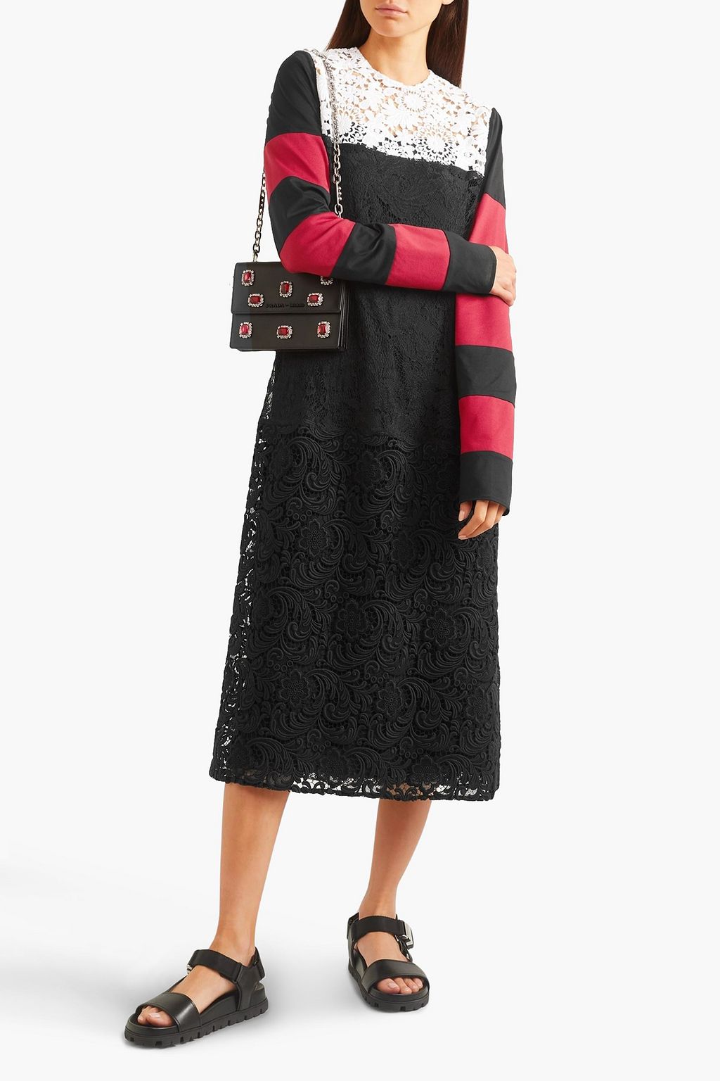 PRADA ジャージー ミディワンピース カラーブロック ギピュールレースパネル