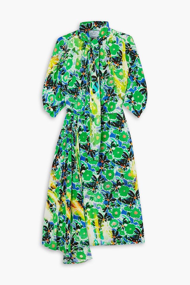 Pussy-bow floral-print silk crepe de chine midi dress