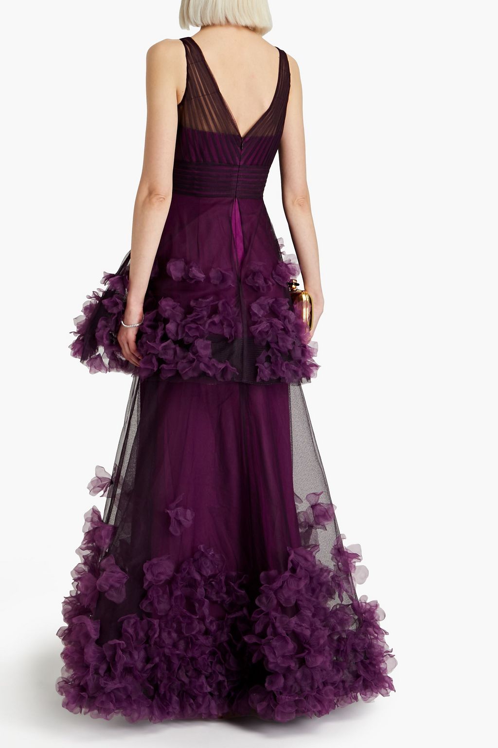 MARCHESA NOTTE Tiered floral-appliquéd tulle gown