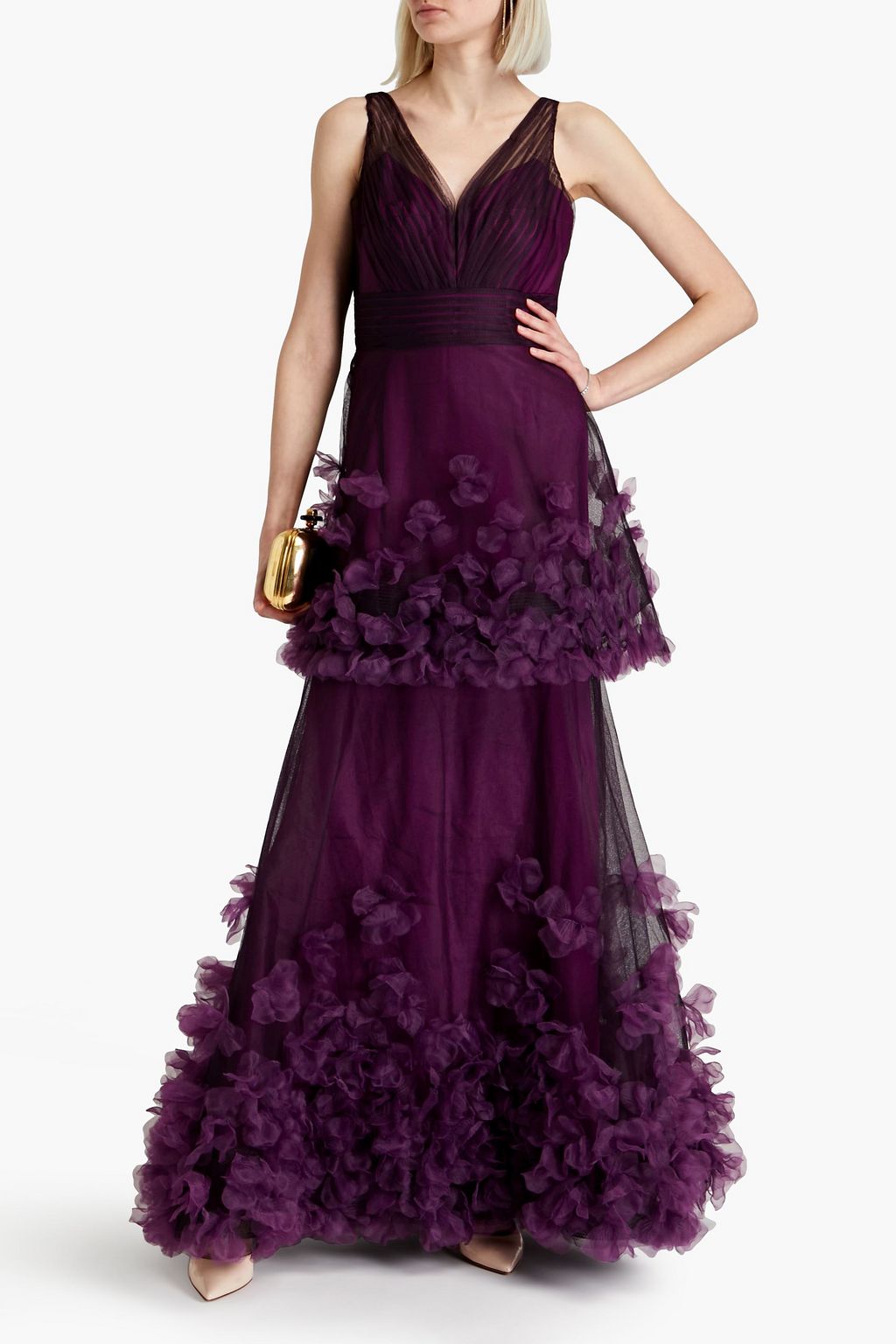 MARCHESA NOTTE Tiered floral-appliquéd tulle gown