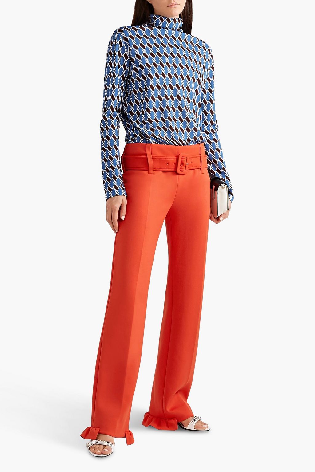 PRADA Belted ruffled tech-jersey straight-leg pants
