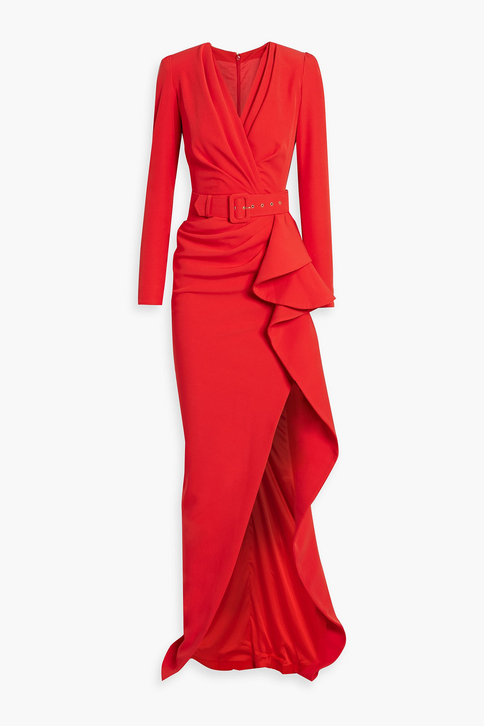 Rhea Costa Belted Draped Crepe Gown In Tomato Red