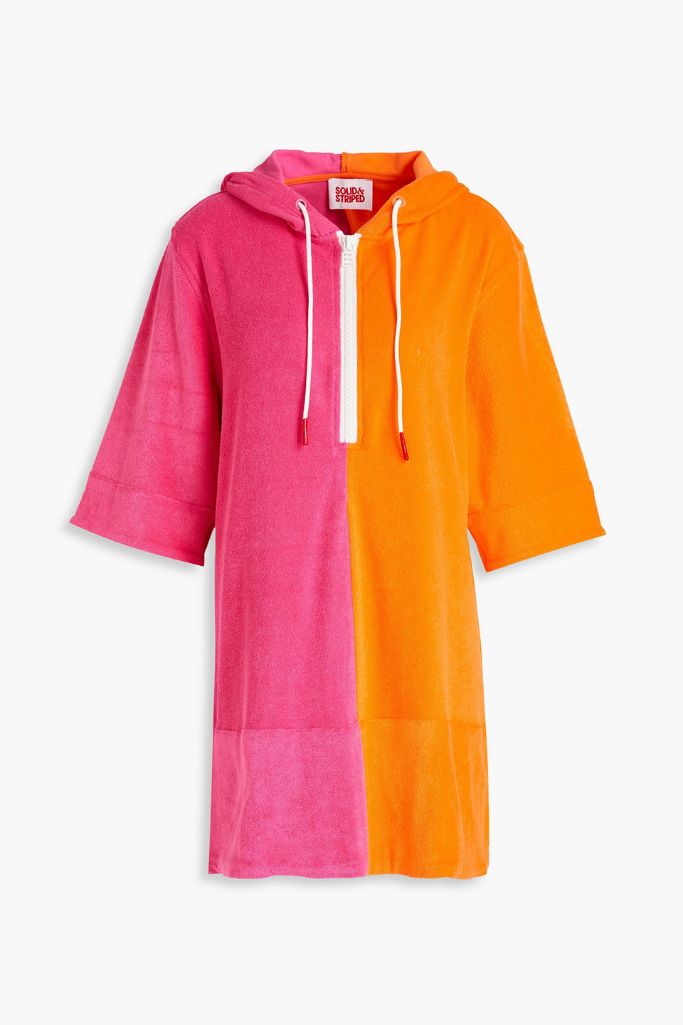 Solid & Striped Two-tone Cotton-blend Terry Hooded Mini Dress In Pink