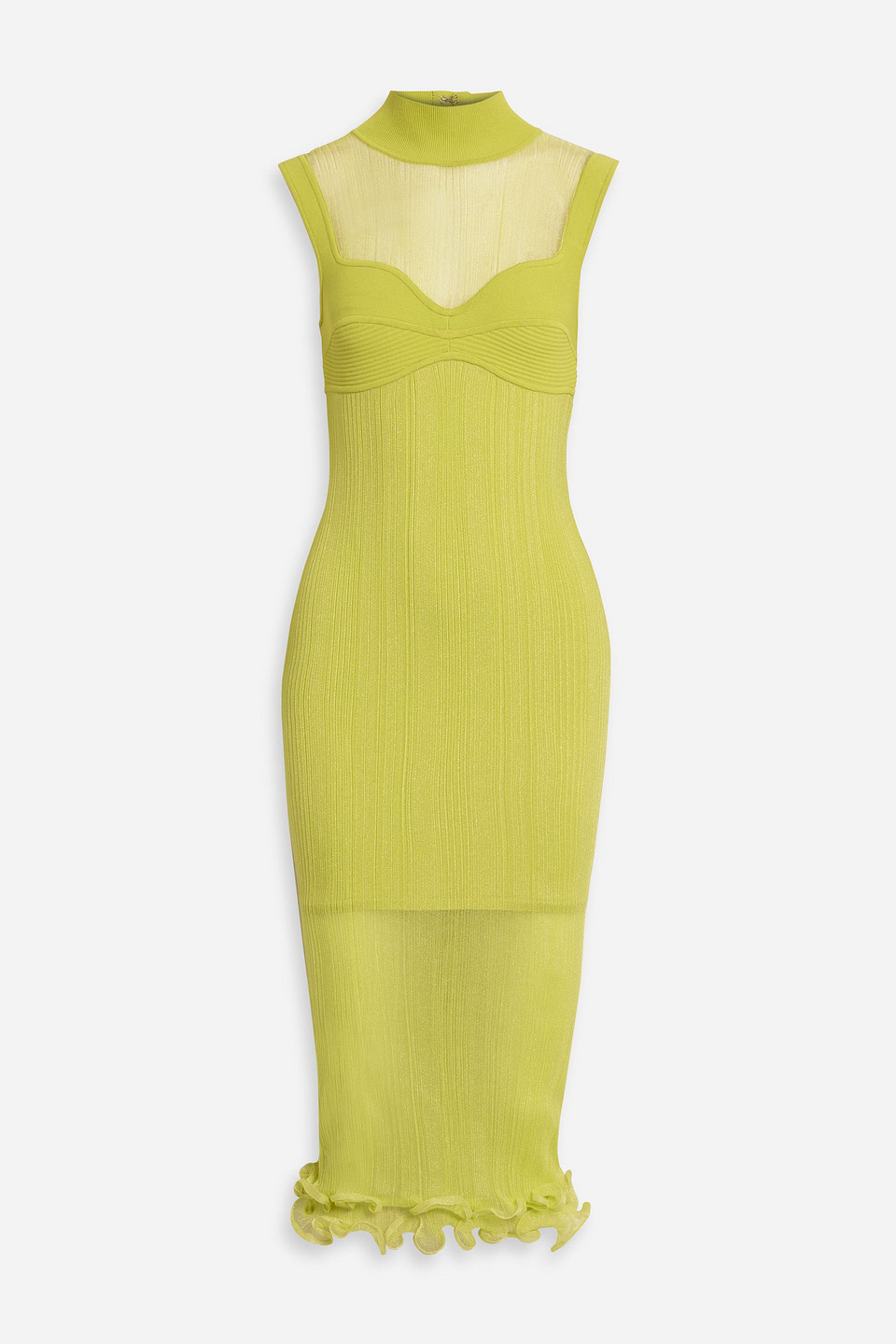 Shop Herve Leger Layered Ribbed Tulle And Stretch-knit Midi Dress In Chartreuse