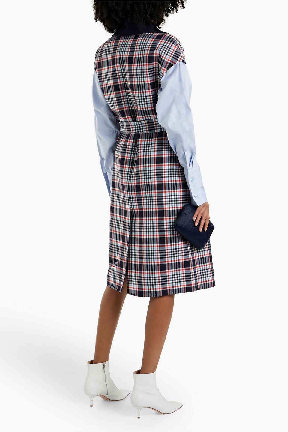 Shop Oscar De La Renta Belted Checked Wool-blend Jacquard Coat In Navy